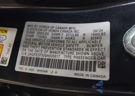 2025 Honda Civic Sport z USA, uszkodzony, nr VIN 2HGFE2F59SH530817